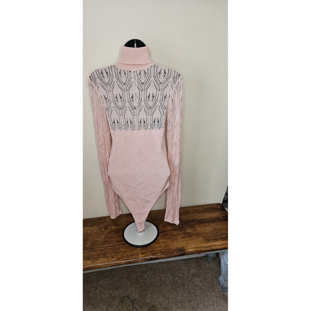 Free People Pretty in Pointelle Pink Mauve Knit Turtleneck Bodysuit Size Large